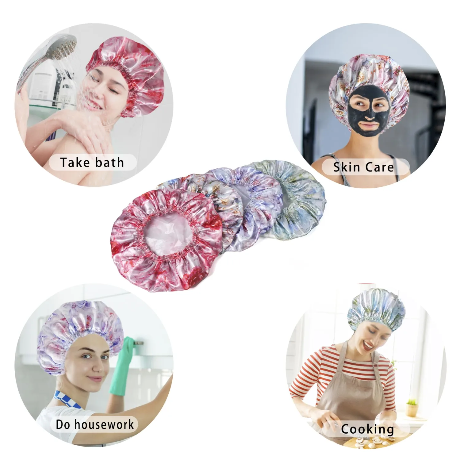 Shower Caps for Women, 4 PCS Reusable Waterproof Bath Cap
