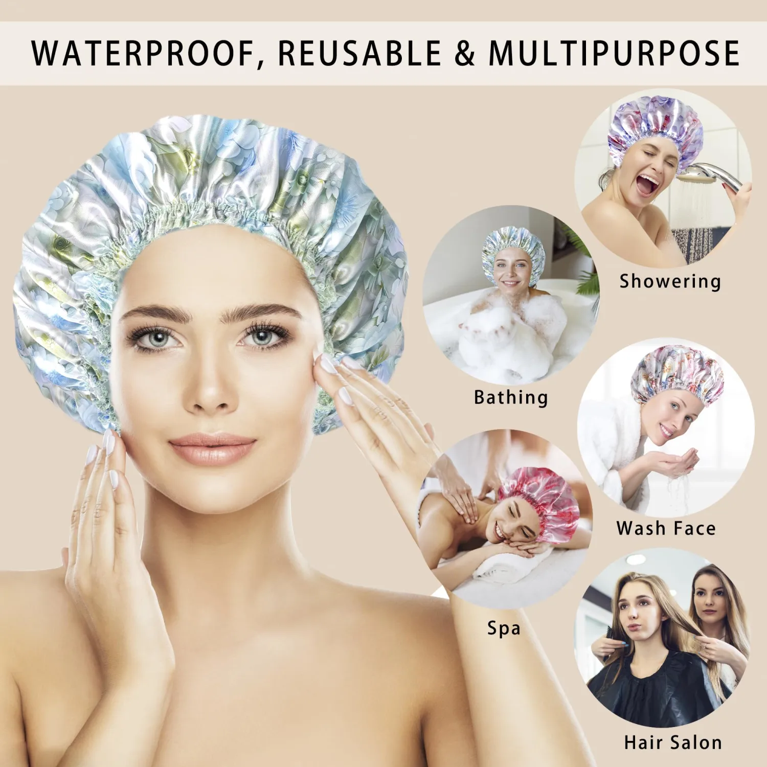 Shower Caps for Women, 4 PCS Reusable Waterproof Bath Cap