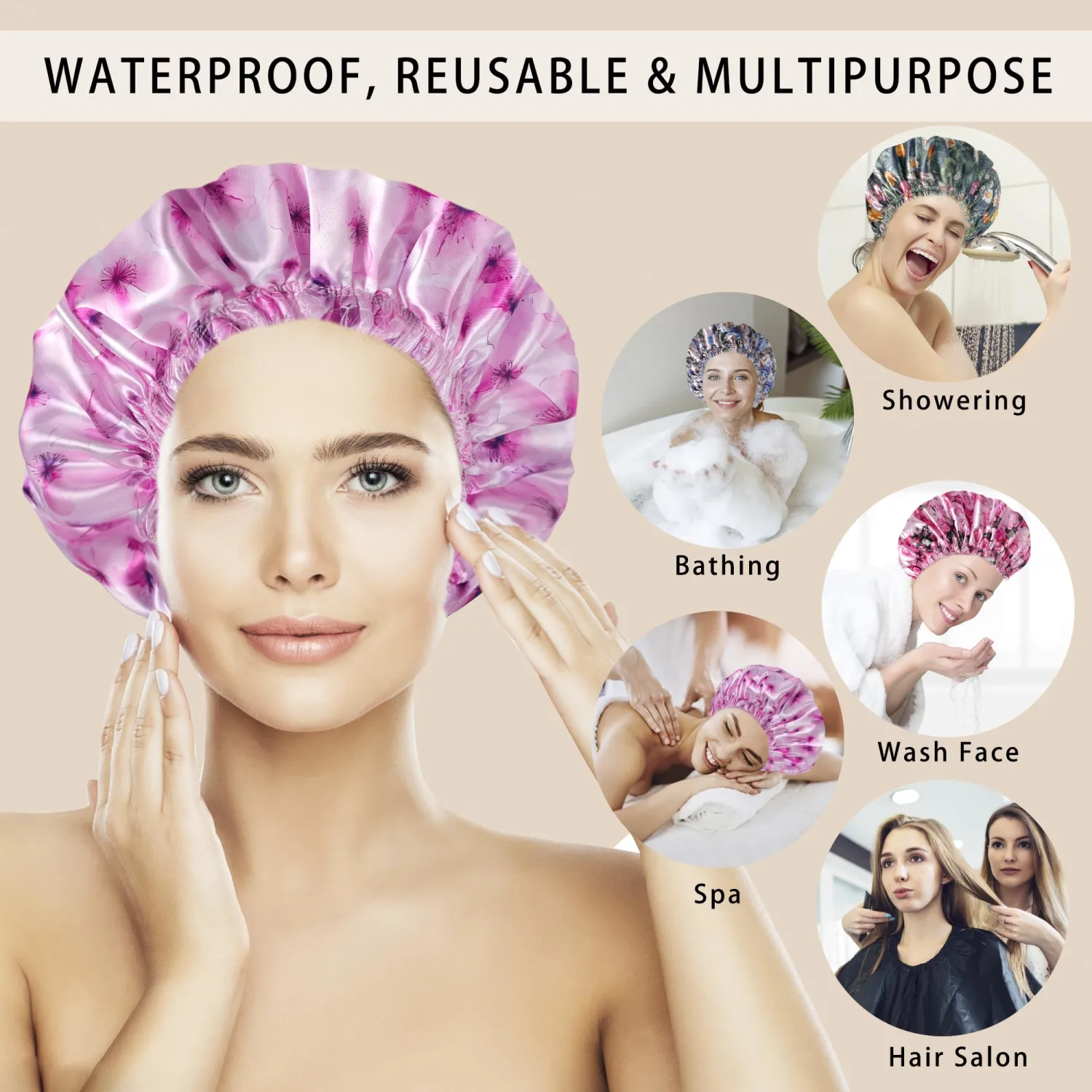 Shower Caps for Women, 4 PCS Reusable Waterproof Bath Cap