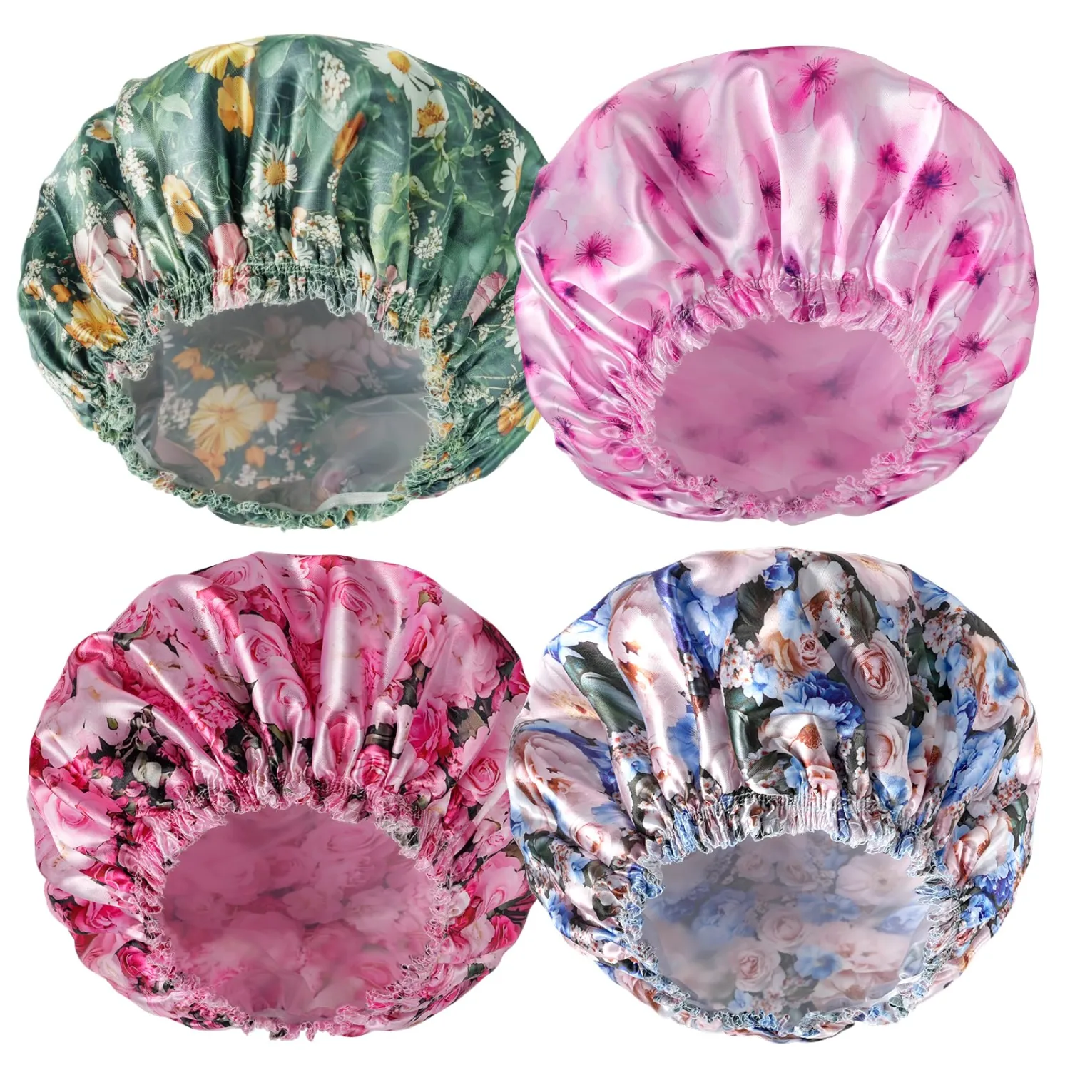 Shower Caps for Women, 4 PCS Reusable Waterproof Bath Cap