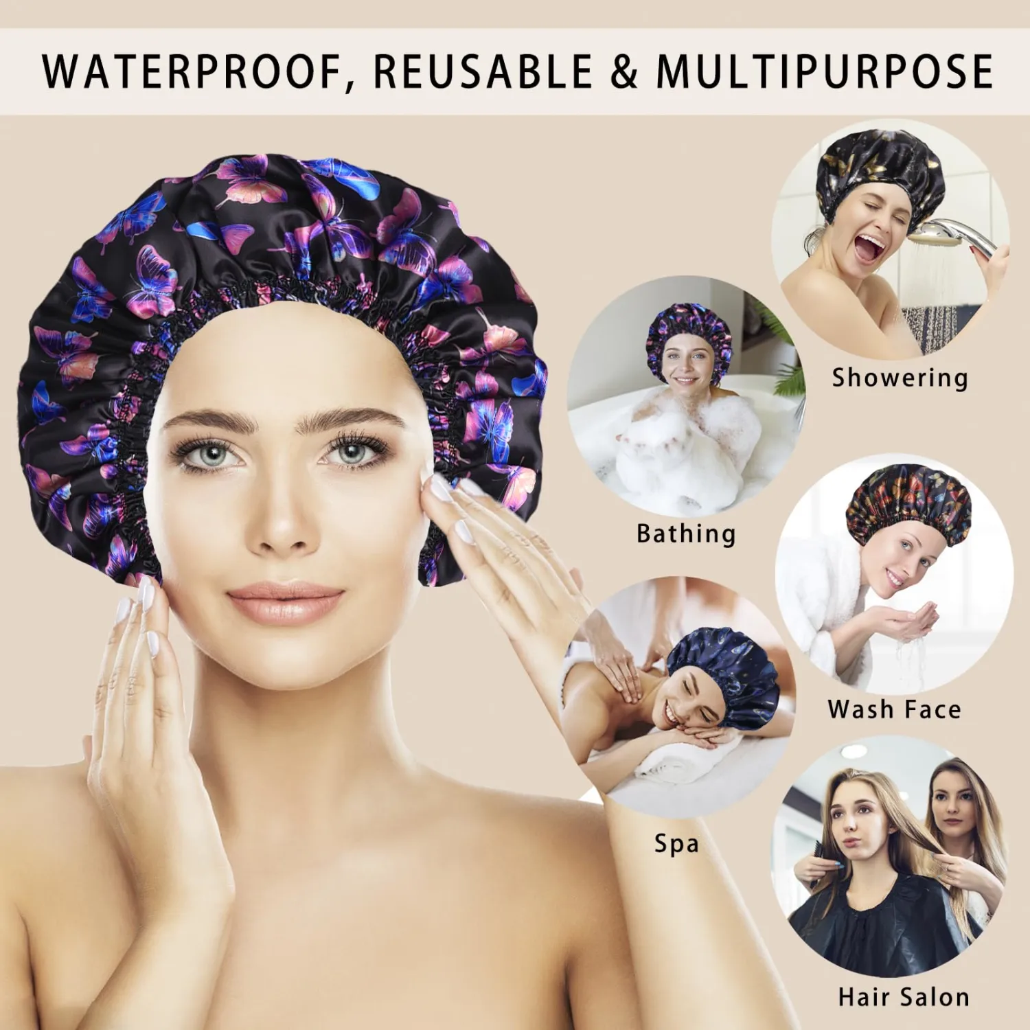 Shower Caps for Women, 4 PCS Reusable Waterproof Bath Cap