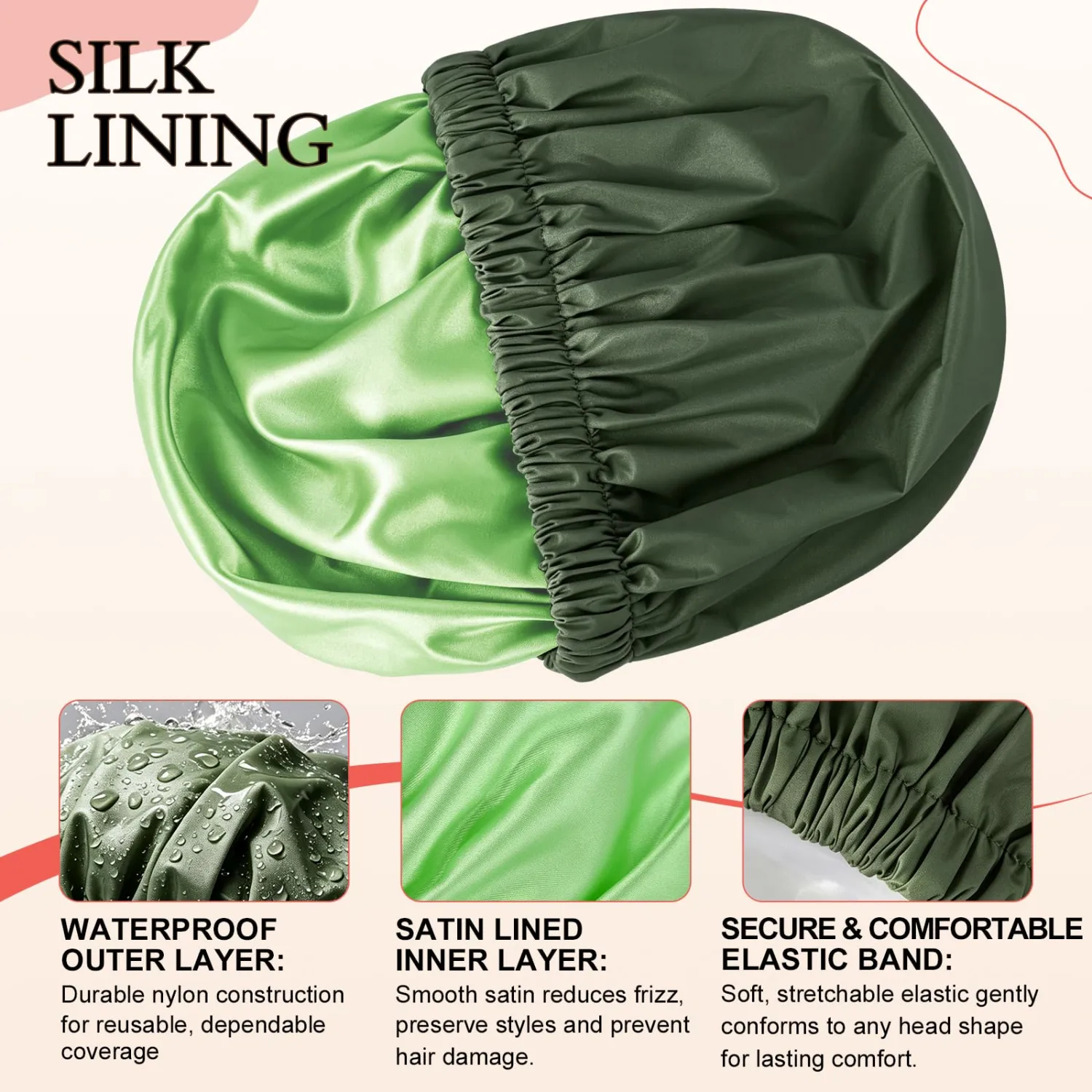 2P Satin Lined Shower Cap for Women,Large Waterproof Shower Bonnet