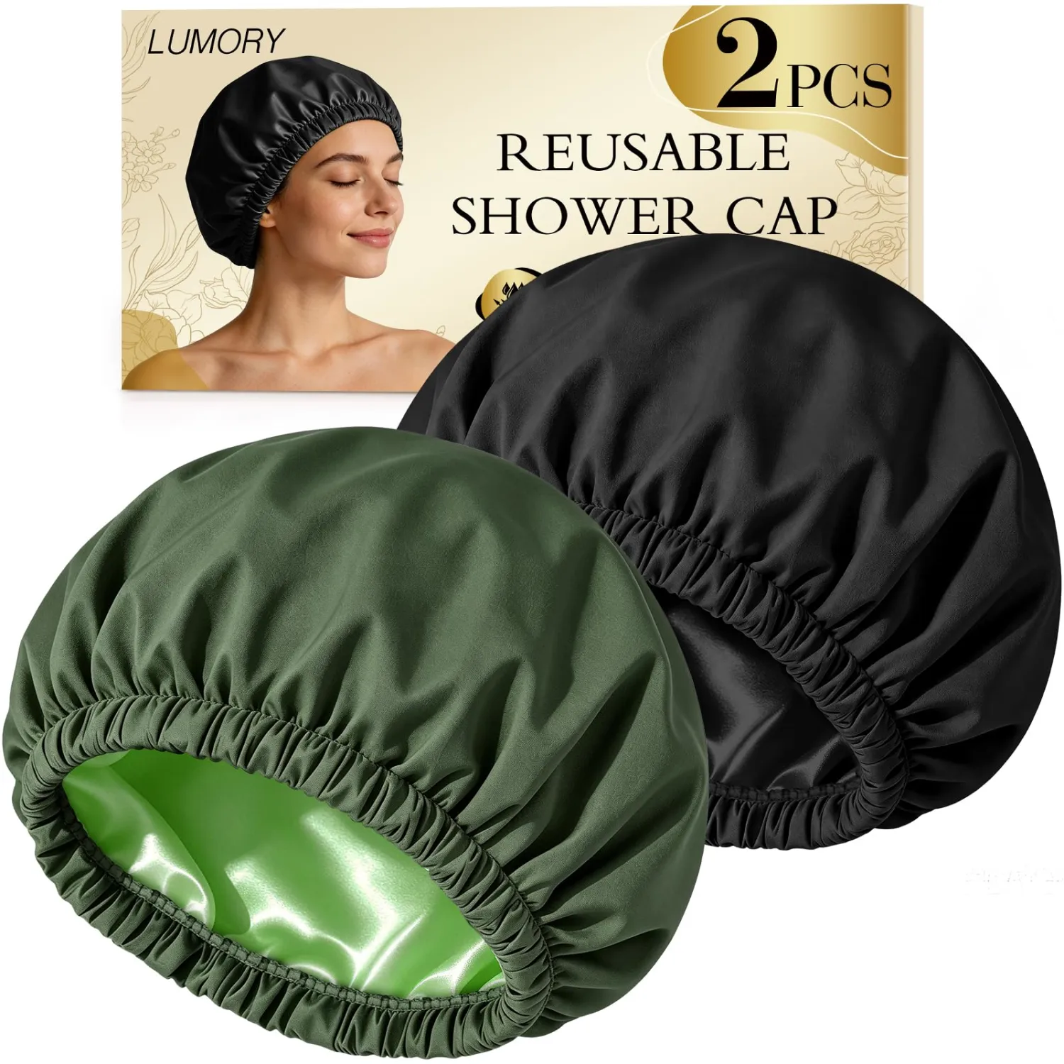 2P Satin Lined Shower Cap for Women,Large Waterproof Shower Bonnet