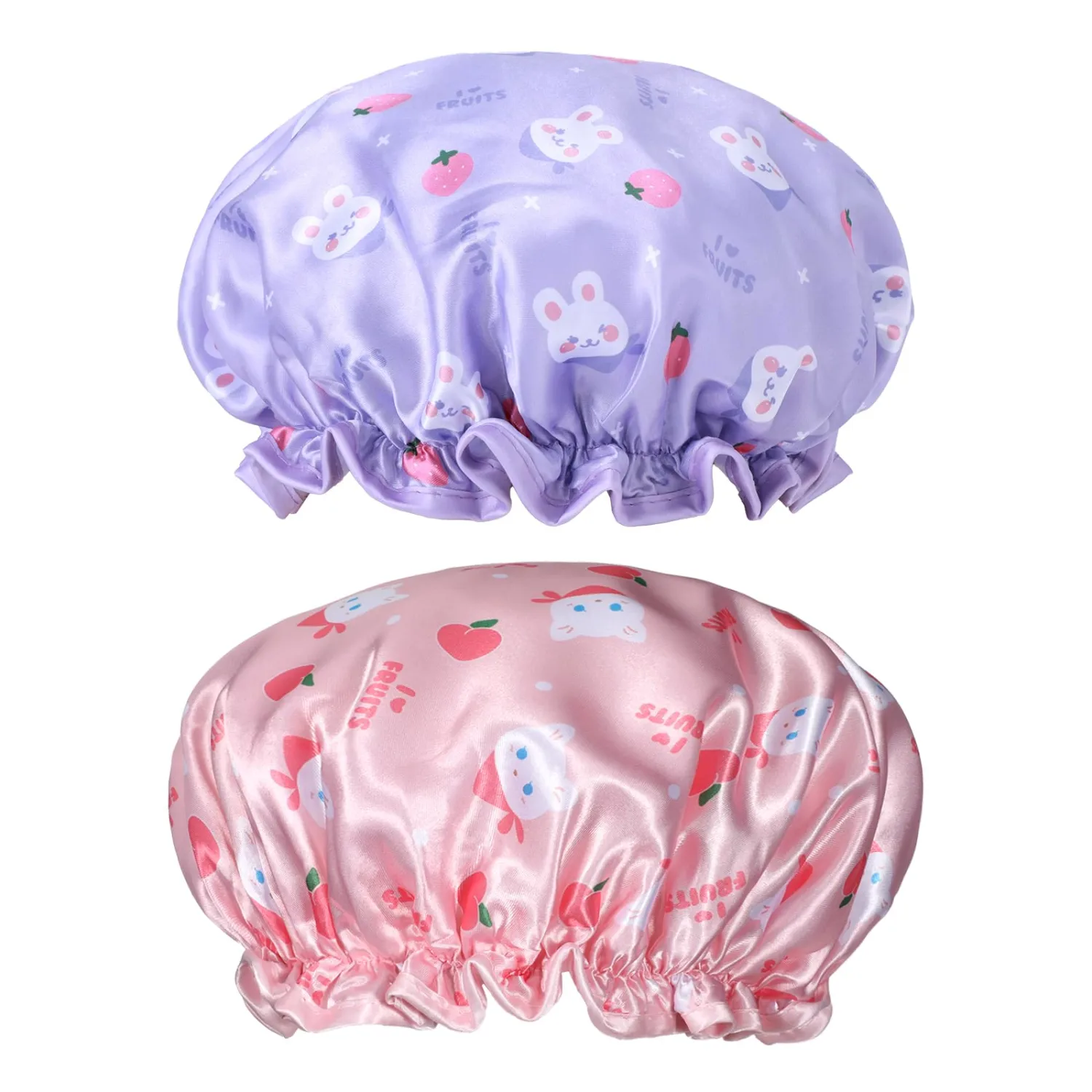 Shower Cap for Kids, 2 Pcs Toddler Shower Cap Waterproof Double Layers Shower Caps Cute Bonnets Elastic Band Bonnet Satin & Eva Soft Kid Sleeping Cap Reusable Kids Showers Caps(Pink + Purple)