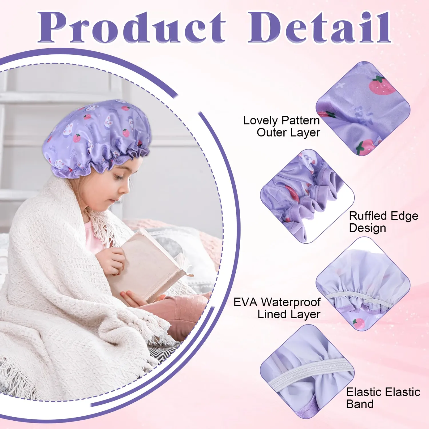Shower Cap for Kids, 2 Pcs Toddler Shower Cap Waterproof Double Layers Shower Caps Cute Bonnets Elastic Band Bonnet Satin & Eva Soft Kid Sleeping Cap Reusable Kids Showers Caps(Pink + Purple)