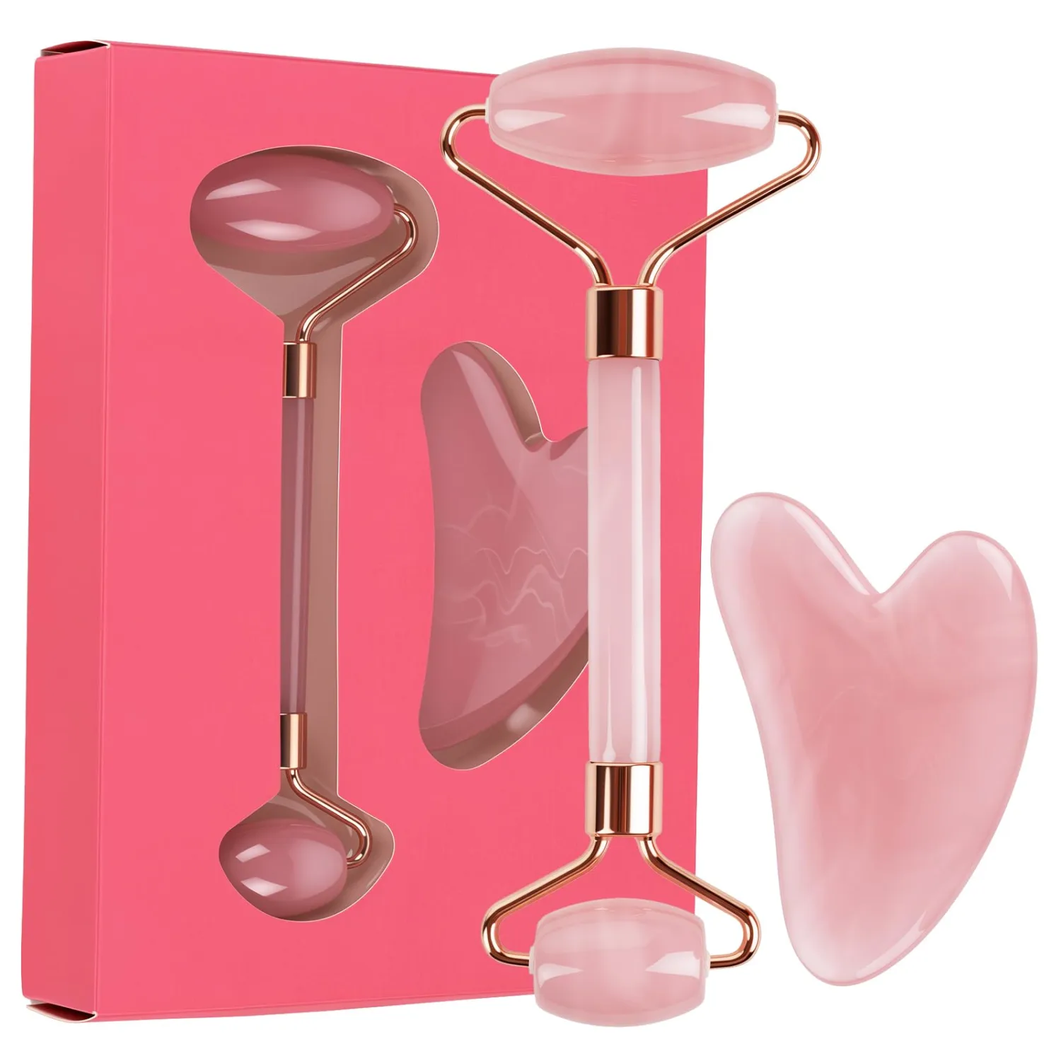 Pink Resin Facial Roller & Gua Sha Set – 2-in-1 Beauty Tool
