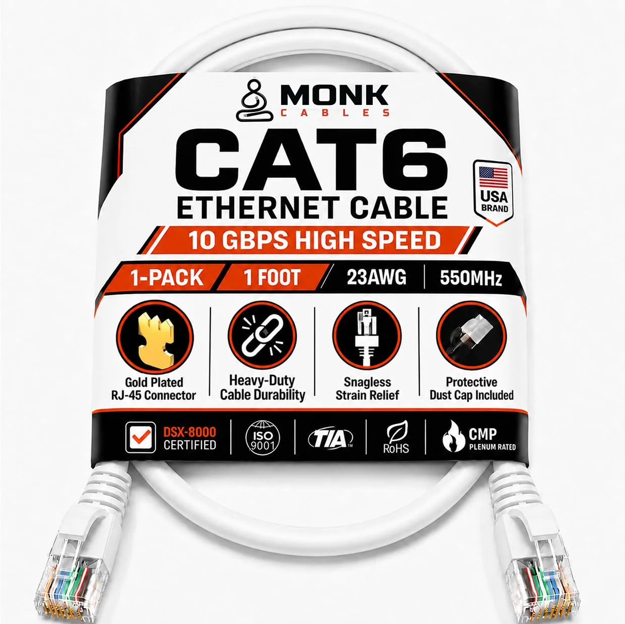 MONK CABLES | CAT 6 LAN Ethernet Cable 1 ft | CAT6 RJ45 Patch Cable |White