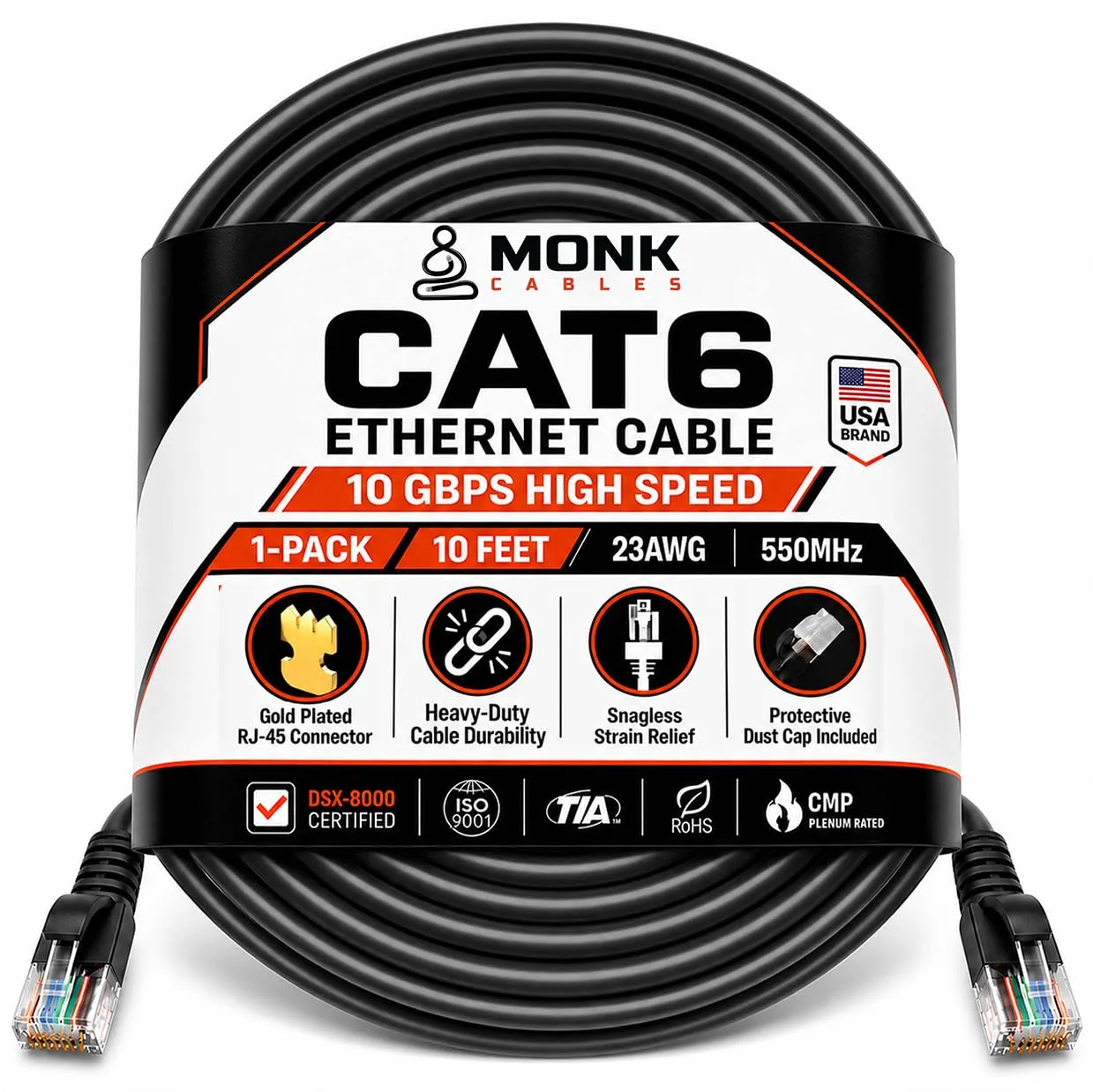 MONK CABLES | CAT 6 LAN Ethernet Cable 10ft | CAT6 RJ45 Patch Cable |Black