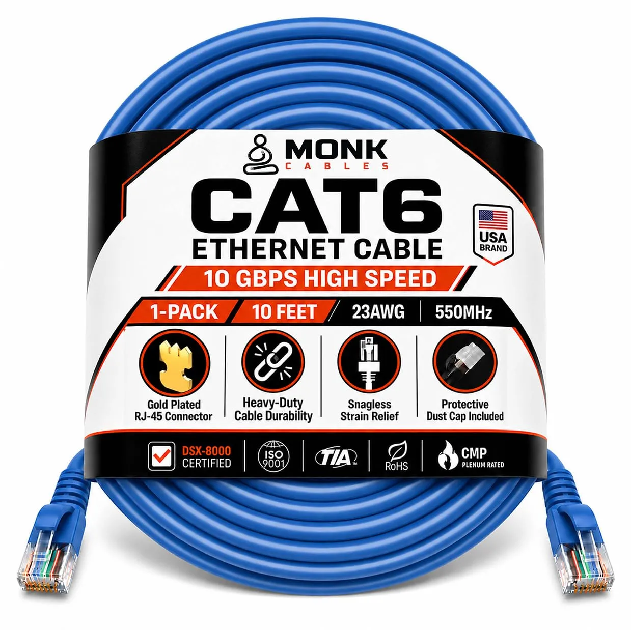 MONK CABLES | CAT 6 LAN Ethernet Cable 10 ft | CAT6 RJ45 Patch Cable |Blue