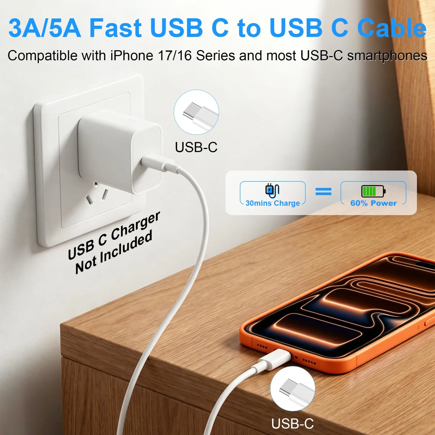 USB C to USB C Charging Cable 10ft 60W Long Charger Cord for iPhone 18 / 17