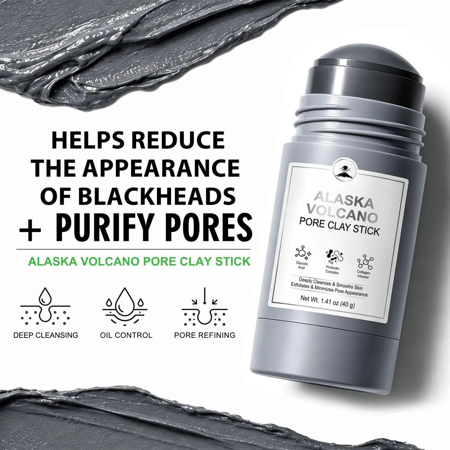 Volcanic Clay Mask Stick for Face, Deep Pore Cleansing & Blackhead Remover Mask with Glycolic Acid, Exfoliating & Oil Control Solid Clay Mask, Pore Minimizer for Smooth Skin, Men & Women
