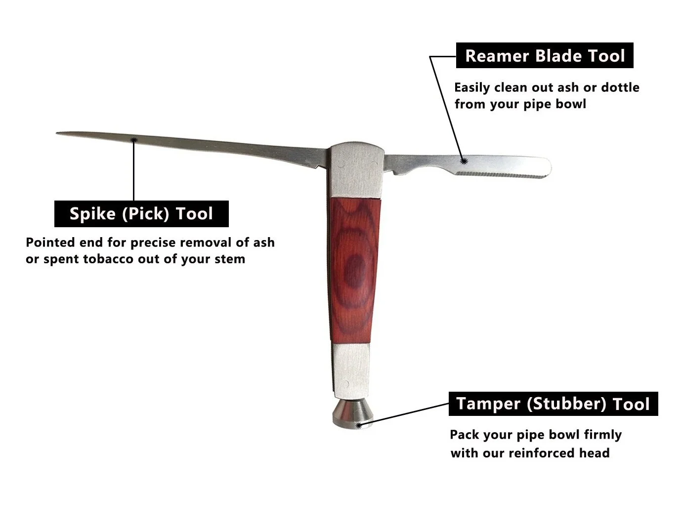 3 in 1 Tobacco Pipe Cleaner Cleaning Tool Contains a Tamper (Stubber), a Reamer & a Spike (Pick)