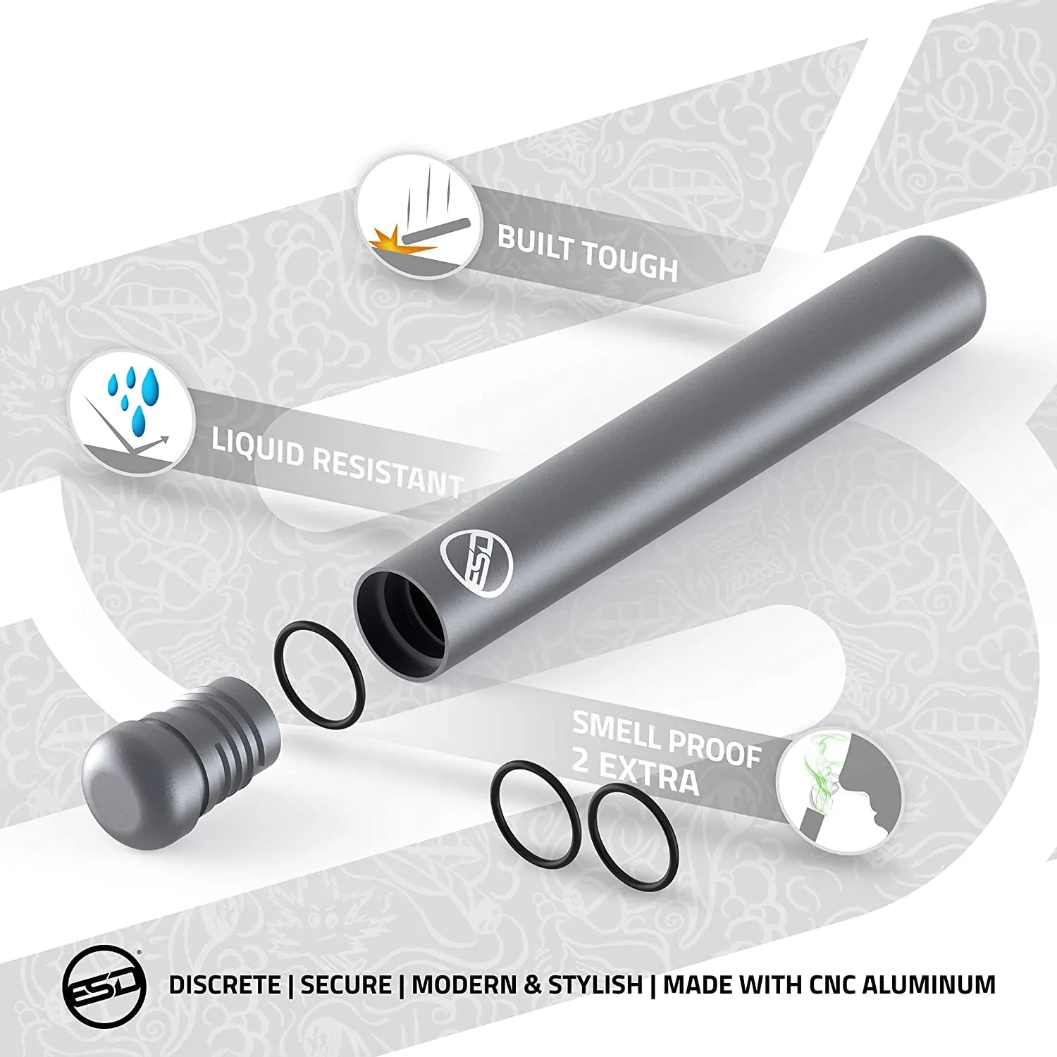 RAW - ESD Metal Cigarette Holder Tube | Gray | Fits King Size and 1-1/4 Cones - Contains Smells - Waterproof - Modern