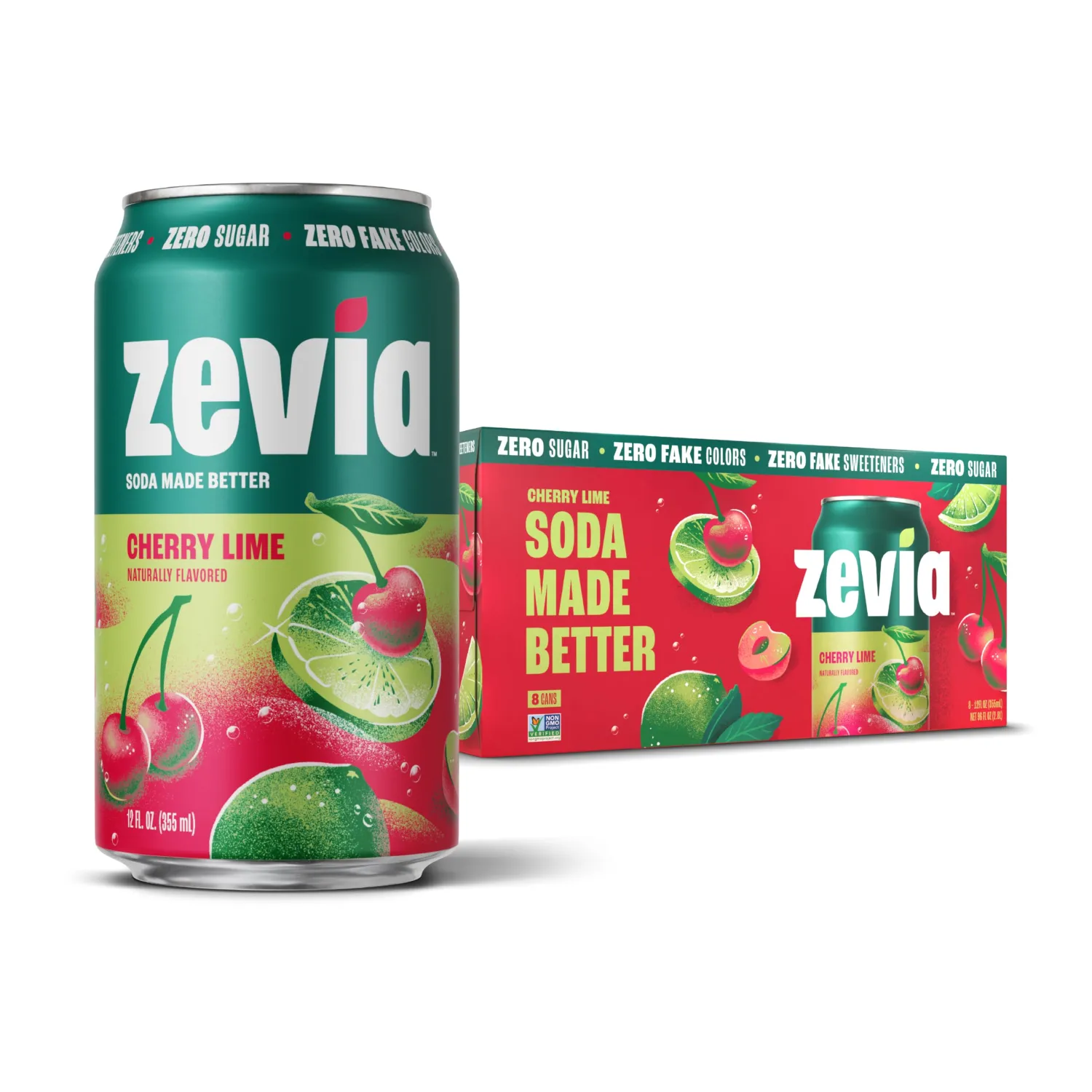 Zevia Zero Sugar Soda, Cherry Lime, 12 oz Cans (8-Pack) – Caffeine Free, Naturally Sweetened, No Calorie Soda - Non-GMO Project Verified, Gluten-Free, Vegan