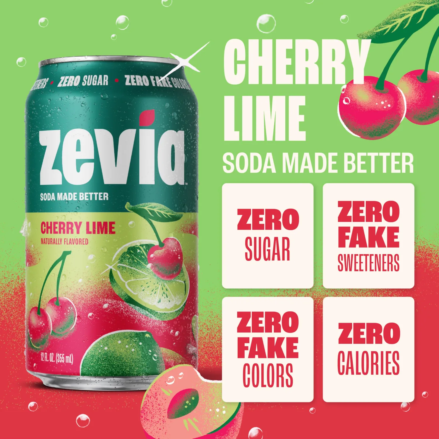 Zevia Zero Sugar Soda, Cherry Lime, 12 oz Cans (8-Pack) – Caffeine Free, Naturally Sweetened, No Calorie Soda - Non-GMO Project Verified, Gluten-Free, Vegan