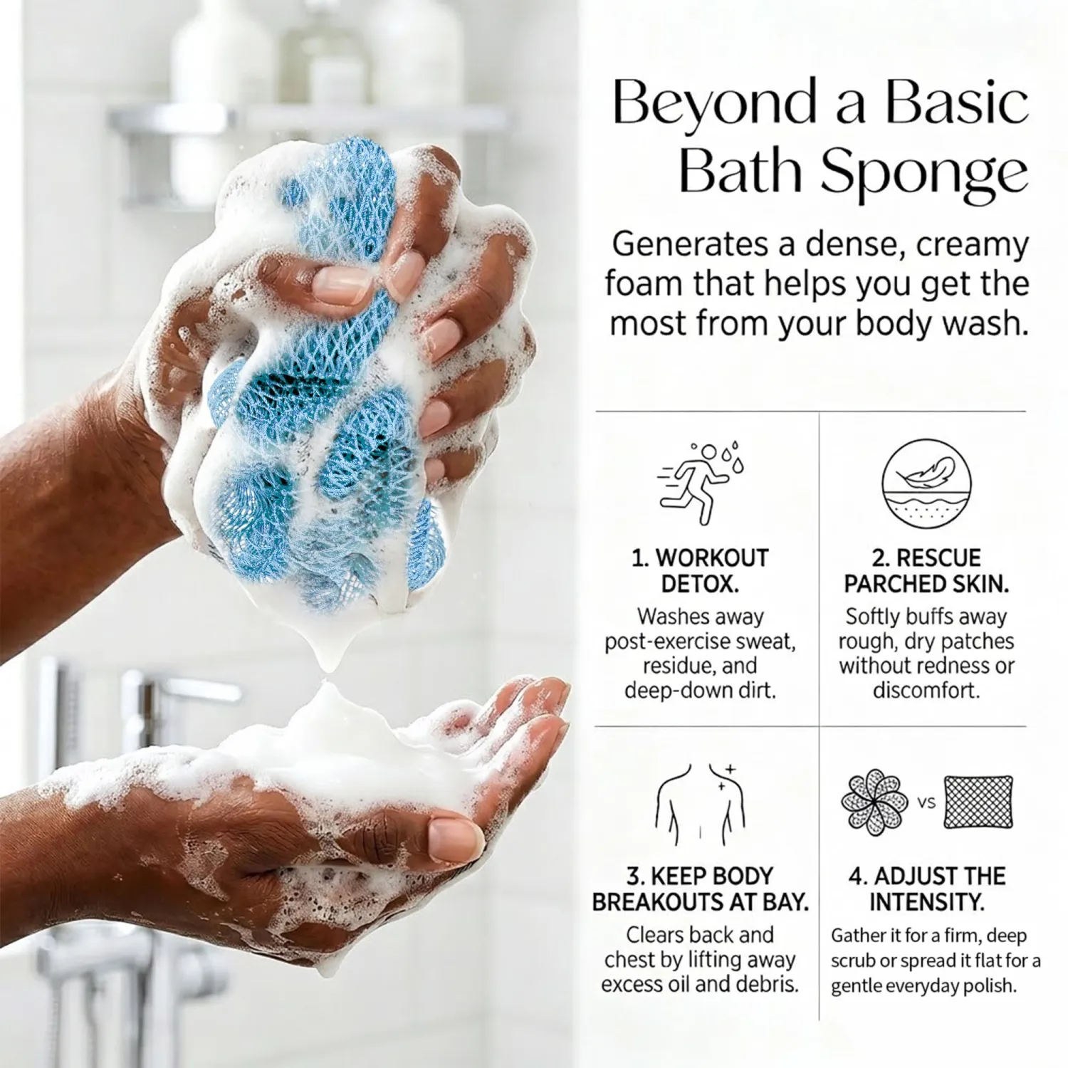 UJFQBH African Net Sponge Authentic 3 Pack, the Gentle Exfoliating Body Scrubber that Unclogs Pores, Reaches Your Back, Dries Fast, and Leaves Skin Smooth Day After Day（Yellow, Army Green, Sky Blue）