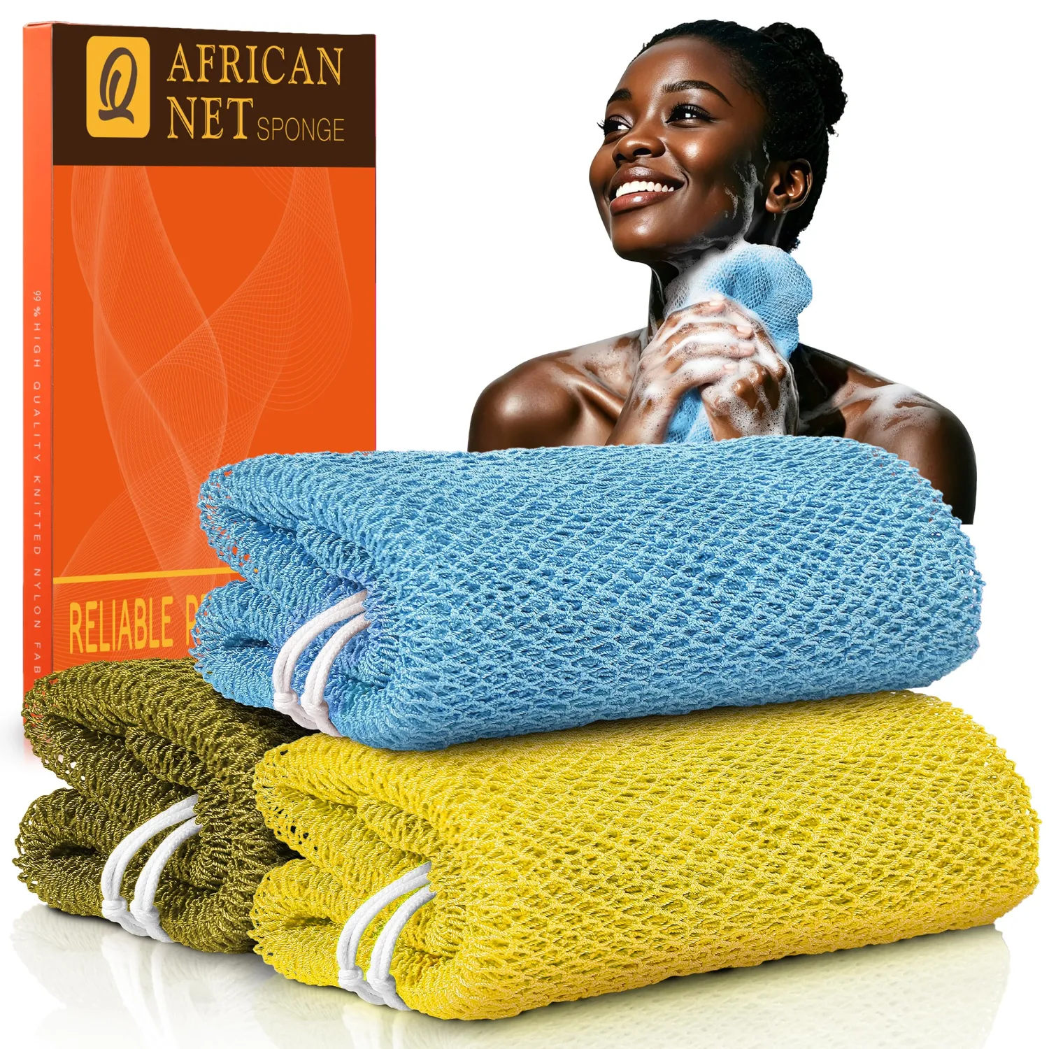 UJFQBH African Net Sponge Authentic 3 Pack, the Gentle Exfoliating Body Scrubber that Unclogs Pores, Reaches Your Back, Dries Fast, and Leaves Skin Smooth Day After Day（Yellow, Army Green, Sky Blue）