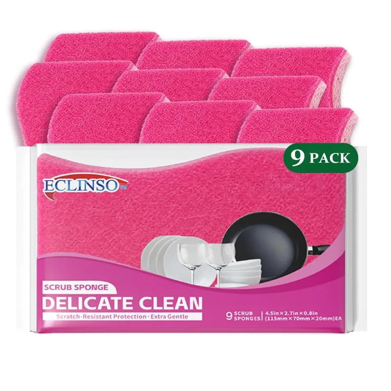 Non Scratch Dish Sponges Cellulose Dual Sided Kitchen Scrub 9 Pack