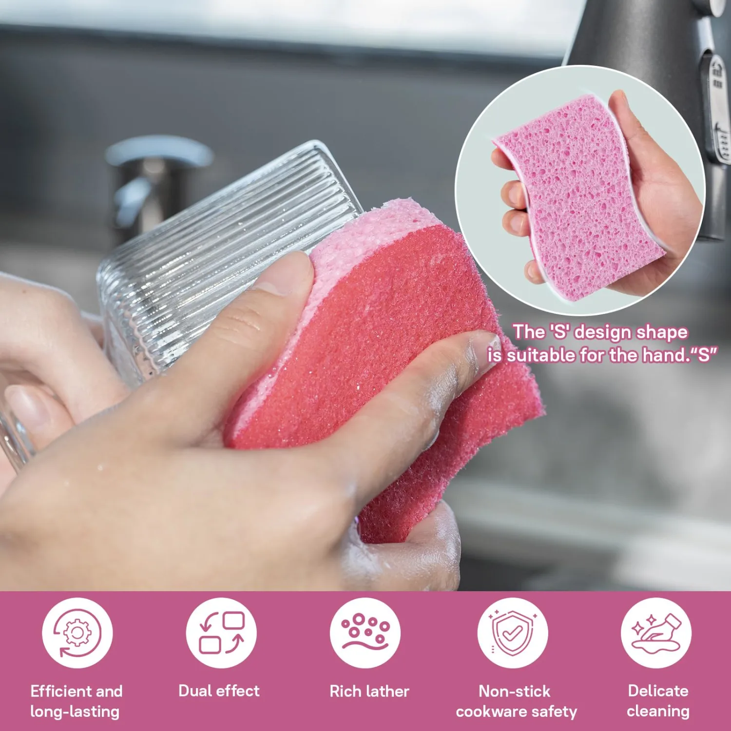 Non Scratch Dish Sponges Cellulose Dual Sided Kitchen Scrub 9 Pack