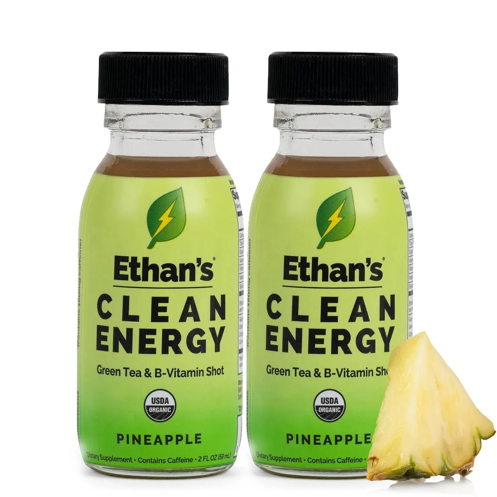 Ethan's Organic Clean Energy Shots Pineapple, 2 Pack of 2oz | 150mg Caffeine | Green Tea, Guayusa, Lion's Mane & Cordyceps | Sugar-Free, Vegan, Gluten-Free, USDA Organic