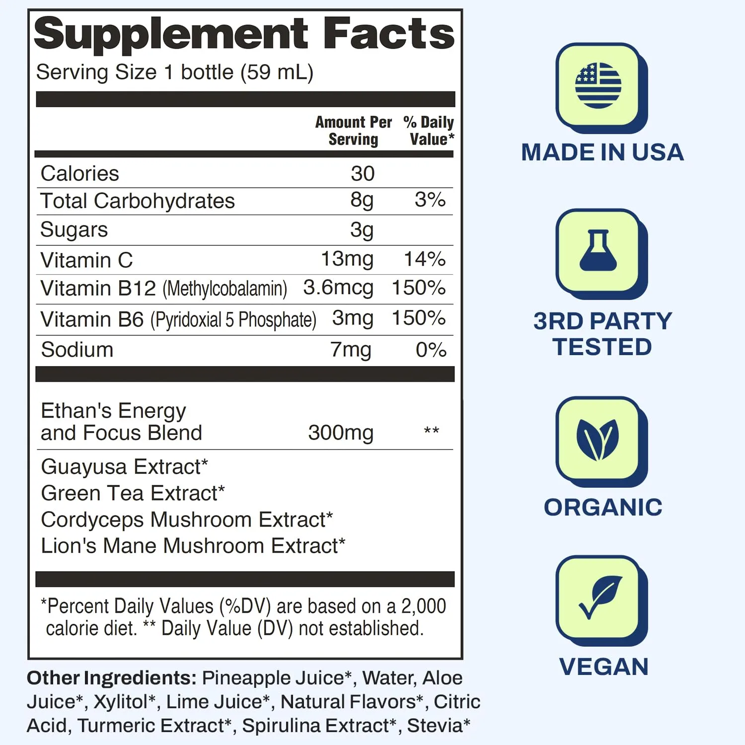 Ethan's Organic Clean Energy Shots Pineapple, 2 Pack of 2oz | 150mg Caffeine | Green Tea, Guayusa, Lion's Mane & Cordyceps | Sugar-Free, Vegan, Gluten-Free, USDA Organic