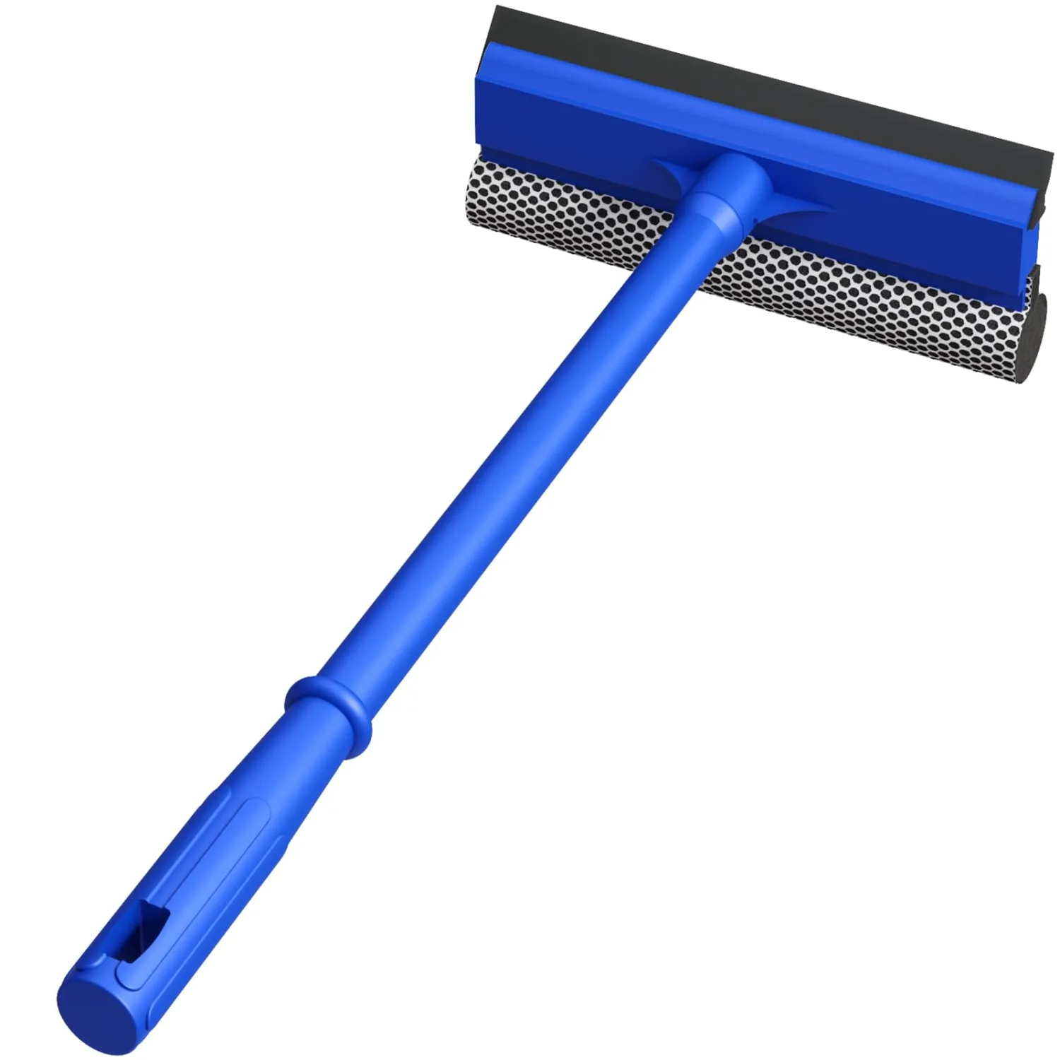 8-Inch Window Squeegee, Auto Squeegee with 15 Inch Handle, 2-in-1 Glass Cleaning Tool with Sponge Scrubber and Rubber Blade for Shower Doors, Car Windshields and Mirrors, Blue