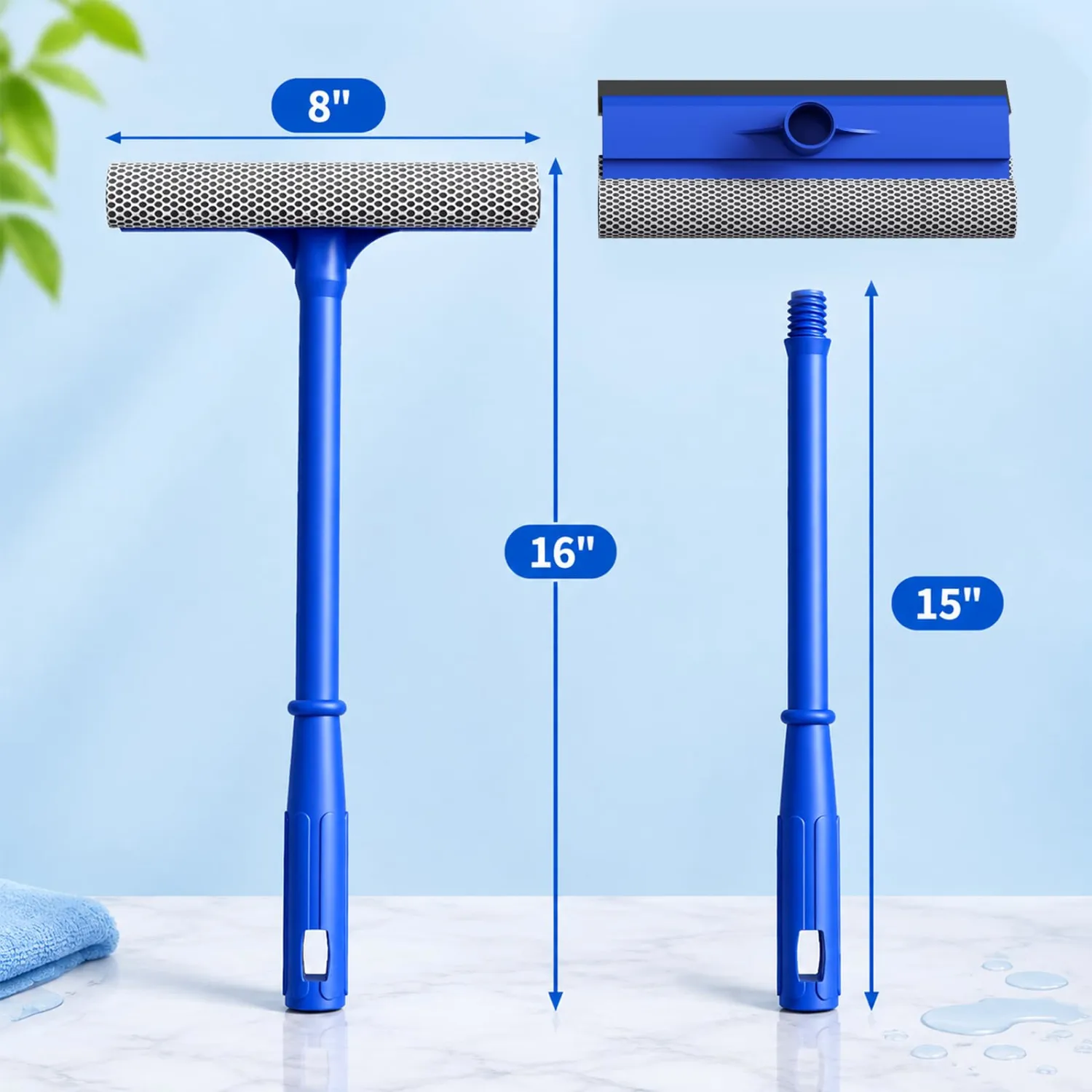 8-Inch Window Squeegee, Auto Squeegee with 15 Inch Handle, 2-in-1 Glass Cleaning Tool with Sponge Scrubber and Rubber Blade for Shower Doors, Car Windshields and Mirrors, Blue