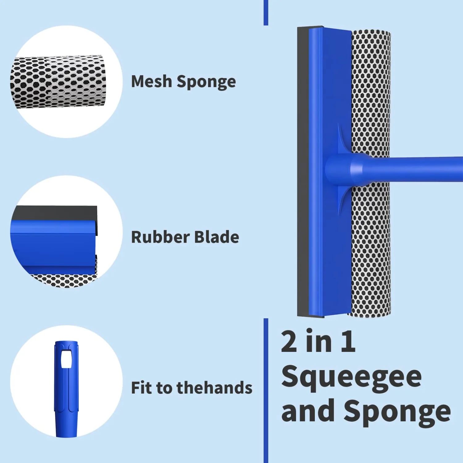 8-Inch Window Squeegee, Auto Squeegee with 15 Inch Handle, 2-in-1 Glass Cleaning Tool with Sponge Scrubber and Rubber Blade for Shower Doors, Car Windshields and Mirrors, Blue