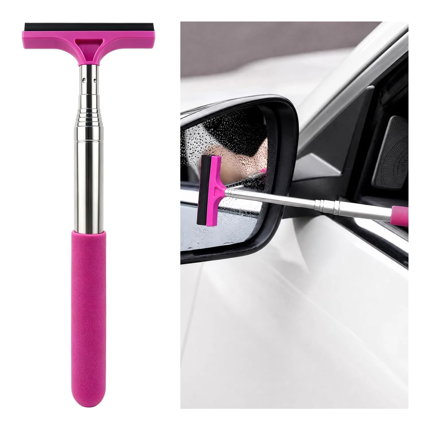 Side Mirror Squeegee, Telescopic Car Rearview Mirror Wiper, Pink