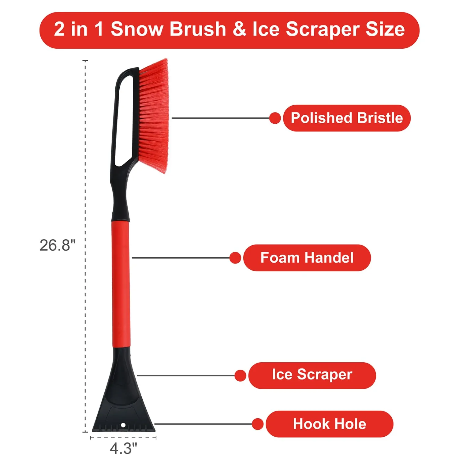 Conliwell 27" Snow Brush with Ice Scraper for Car Windshield, Detachable Snow Removal Tool with Ergonomic Foam Grip for Cars, Trucks, Suvs，Car Windows, windshields, Snow and ice Removal