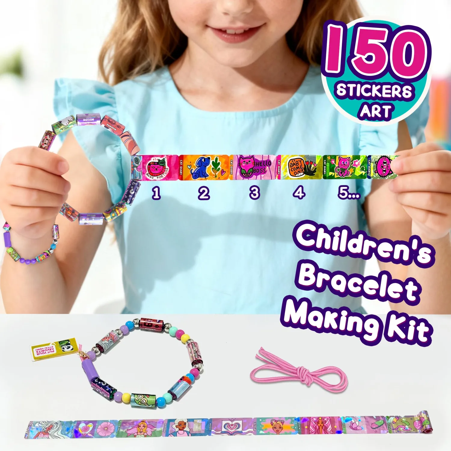 Creative Sticky Rolls Bracelet Making Kit for Kids–150 Reusable Stickers,DIY Surprise Sticker Roll Craft for Girls&Boys Ages 5-12,Ideal Classroom&Party Gift Activity(150 Reusable Stickers)