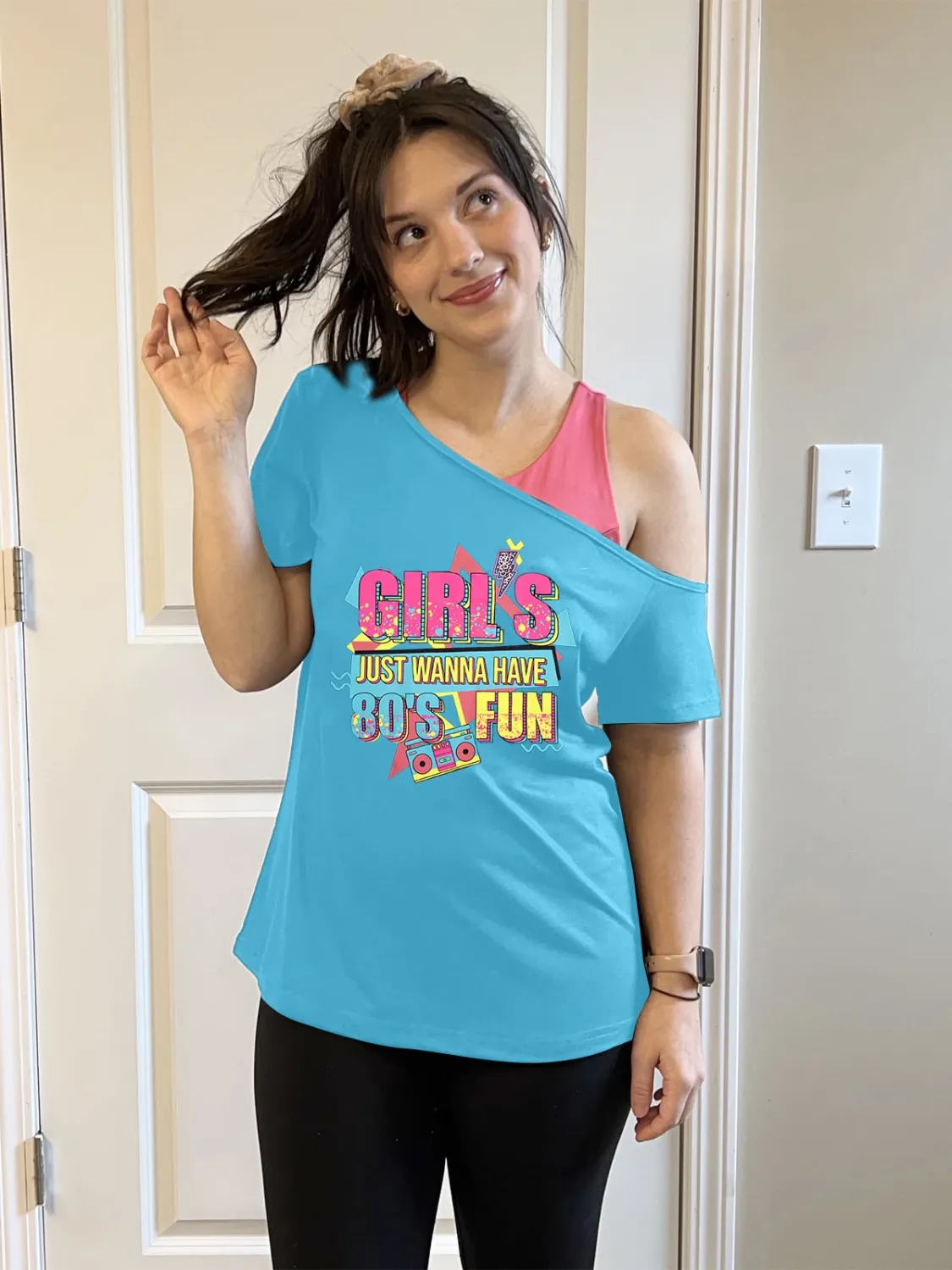 90s 80s Outfit for Women 80's Theme Party Disco Shirt Off the Shoulder Tops Vintage 90s Neon Off Shoulder Top