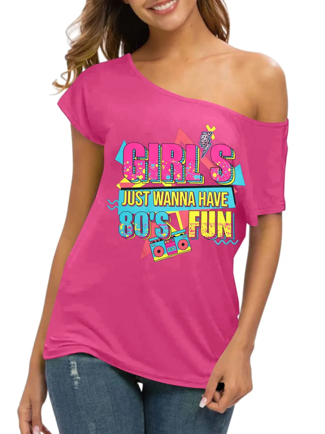 90s 80s Outfit for Women 80's Theme Party Disco Shirt Off the Shoulder Tops Vintage 90s Neon Off Shoulder Top