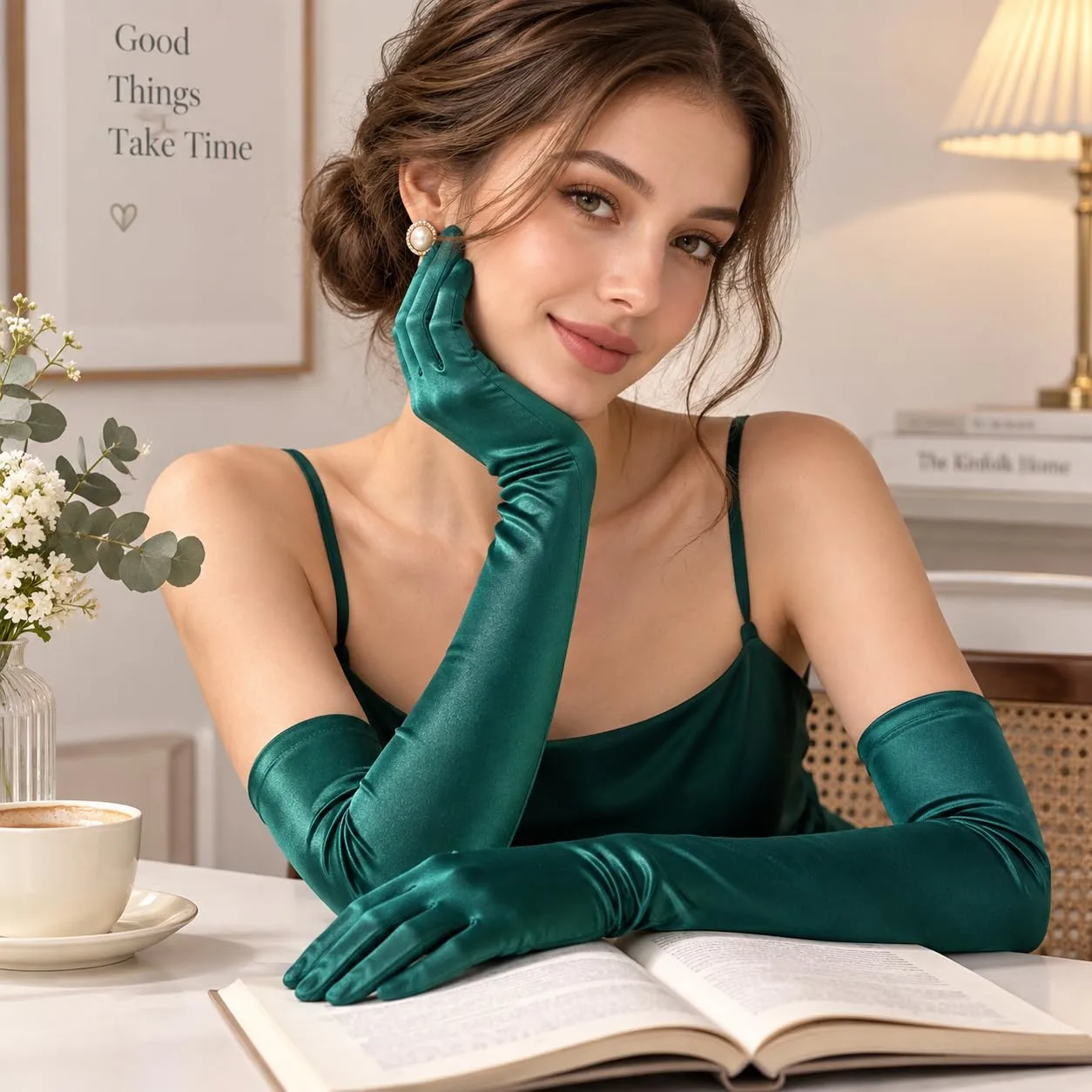 Lansian Long Opera Satin Gloves for Women, 21 inch Elbow Length for 1920s