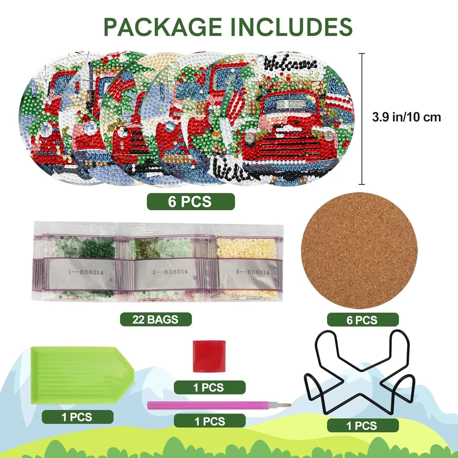Leatrice 6 Pcs Christmas Truck Diamond Art Coasters Kits for Adults 4 in