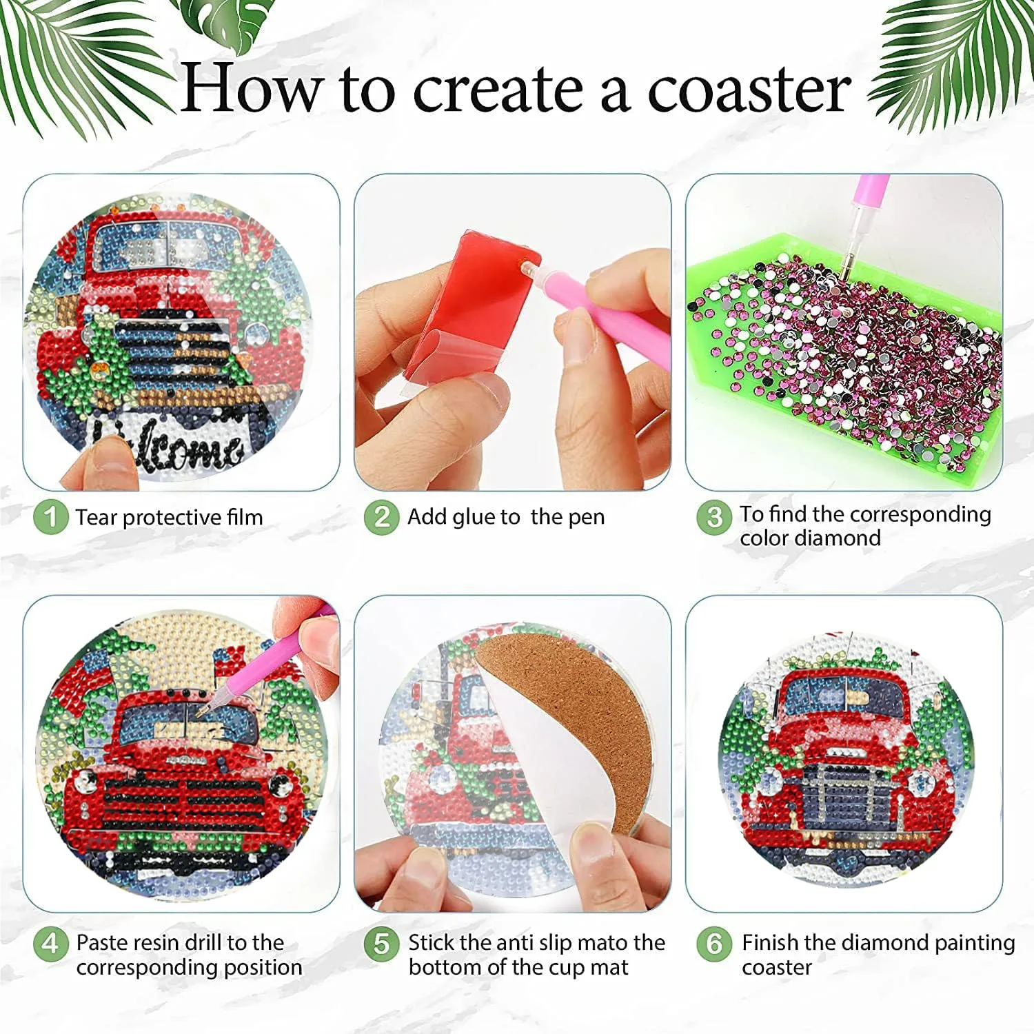 Leatrice 6 Pcs Christmas Truck Diamond Art Coasters Kits for Adults 4 in