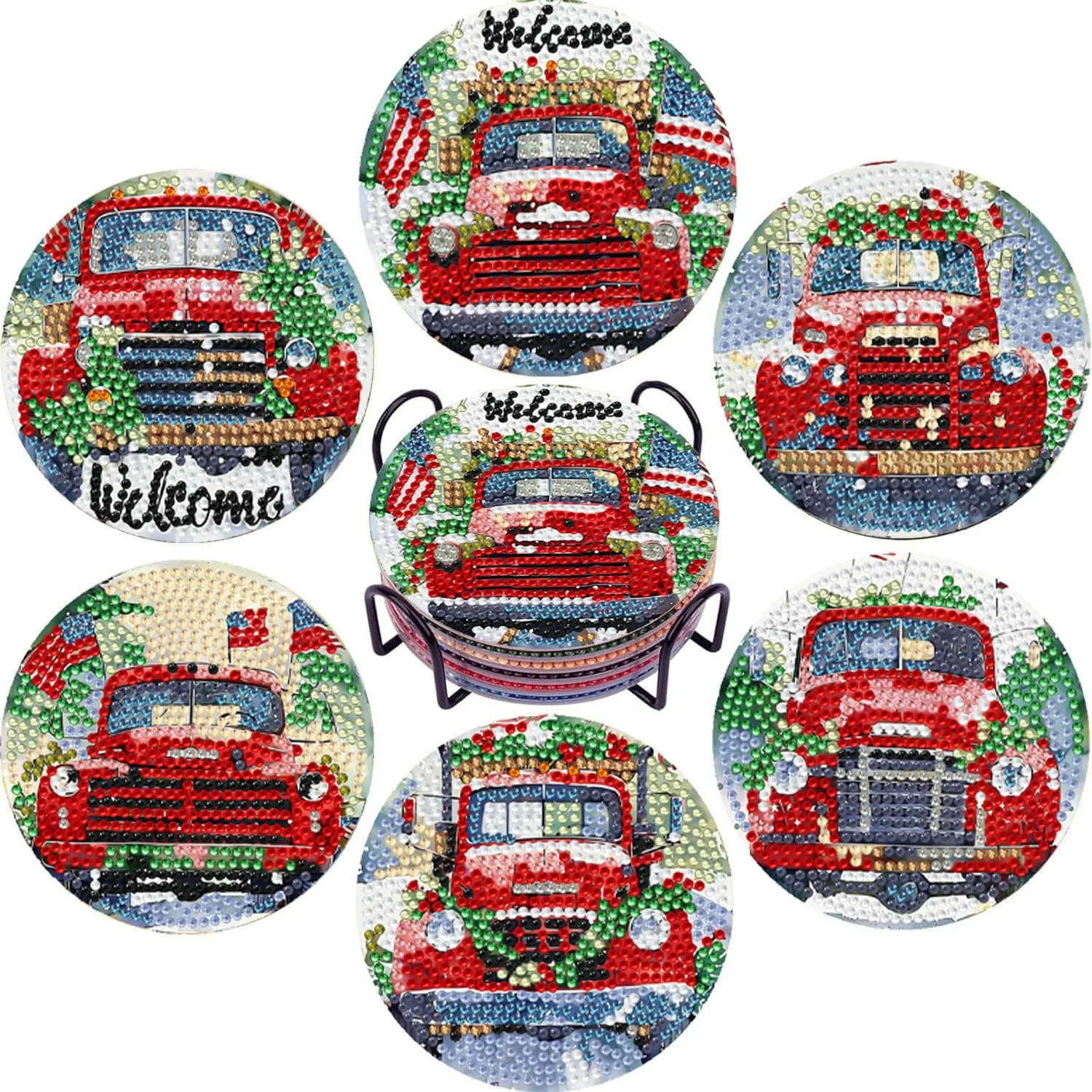 Leatrice 6 Pcs Christmas Truck Diamond Art Coasters Kits for Adults 4 in