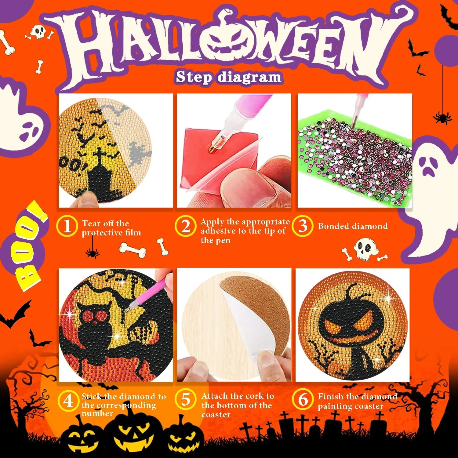Leatrice 8 PCS Halloween Diamond Art Coasters Set with Holder 4 in