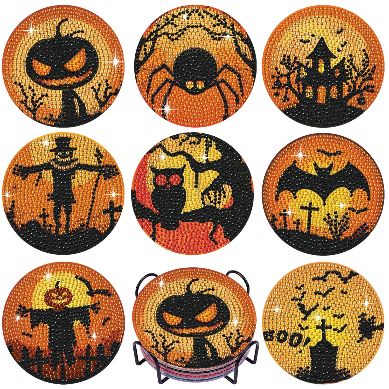 Leatrice 8 PCS Halloween Diamond Art Coasters Set with Holder 4 in