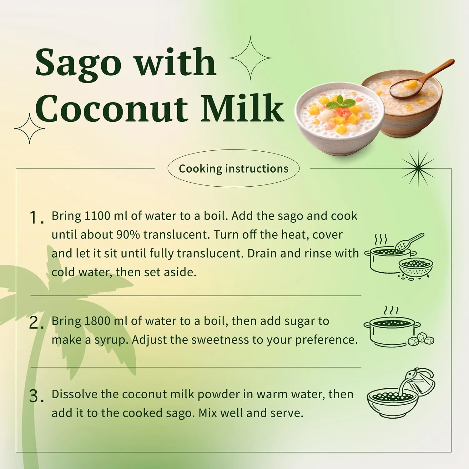SUN RIGHT Sago with Coconut Milk | Asian Tapioca Pearl Dessert Mix, Sweet Coconut Sago Pudding, Quick Cooking in 10 Minutes, Creamy Tropical Dessert | 200g | Pack of 1