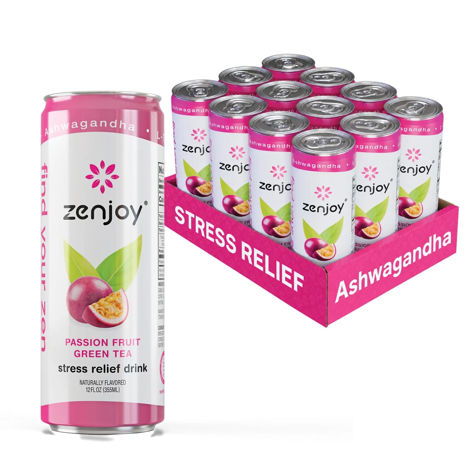 Zenjoy Passion Fruit Green Tea Calm Tea, 500mg Zen Blend, 12 Pack Cans
