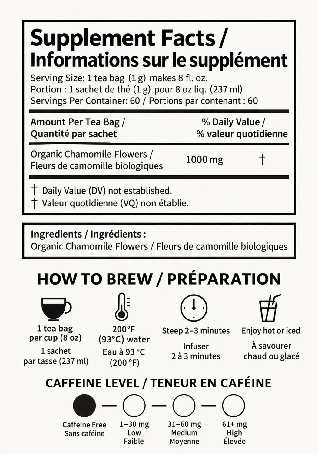 Organic Wellness Herbal Tea 60 Servings Plant-Based Tea Bags – Caffeine Free with individual Wrap (Chamomile)