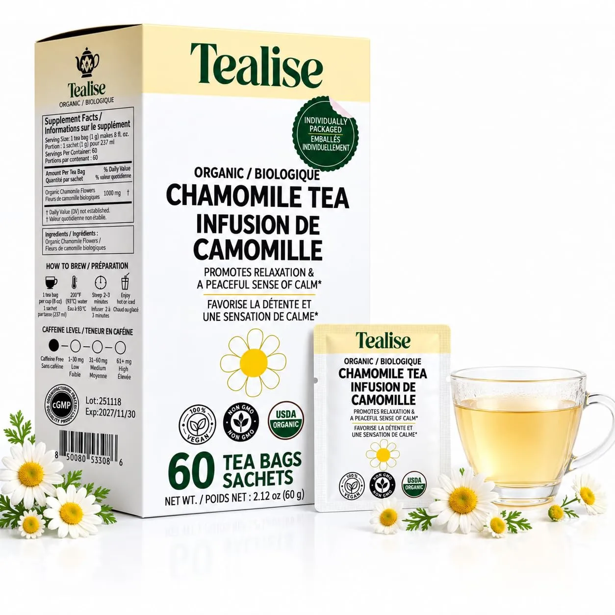 Organic Wellness Herbal Tea 60 Servings Plant-Based Tea Bags – Caffeine Free with individual Wrap (Chamomile)