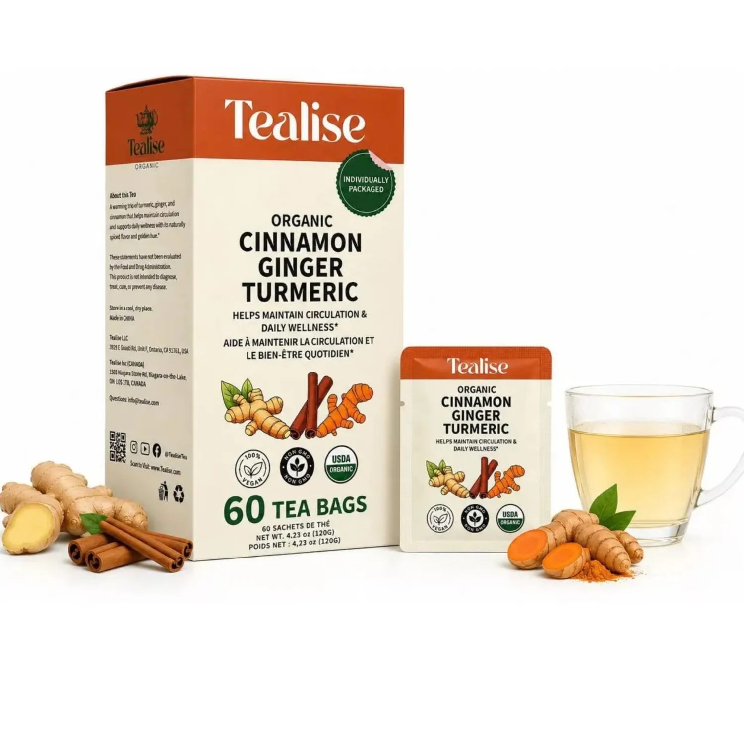 Tealise Organic Cinnamon Ginger Turmeric Tea – USDA Organic – Caffeine Free – 60 Individually Wrapped Tea Bagss (C3-4HKJ-2HU8)