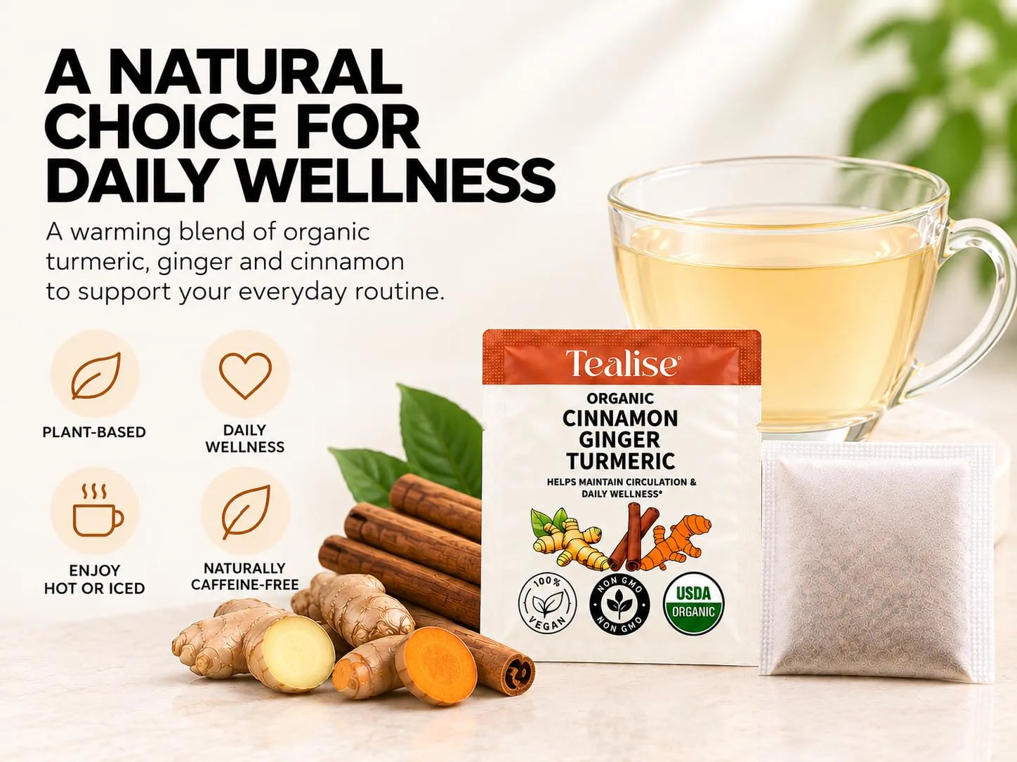 Tealise Organic Cinnamon Ginger Turmeric Tea – USDA Organic – Caffeine Free – 60 Individually Wrapped Tea Bagss (C3-4HKJ-2HU8)