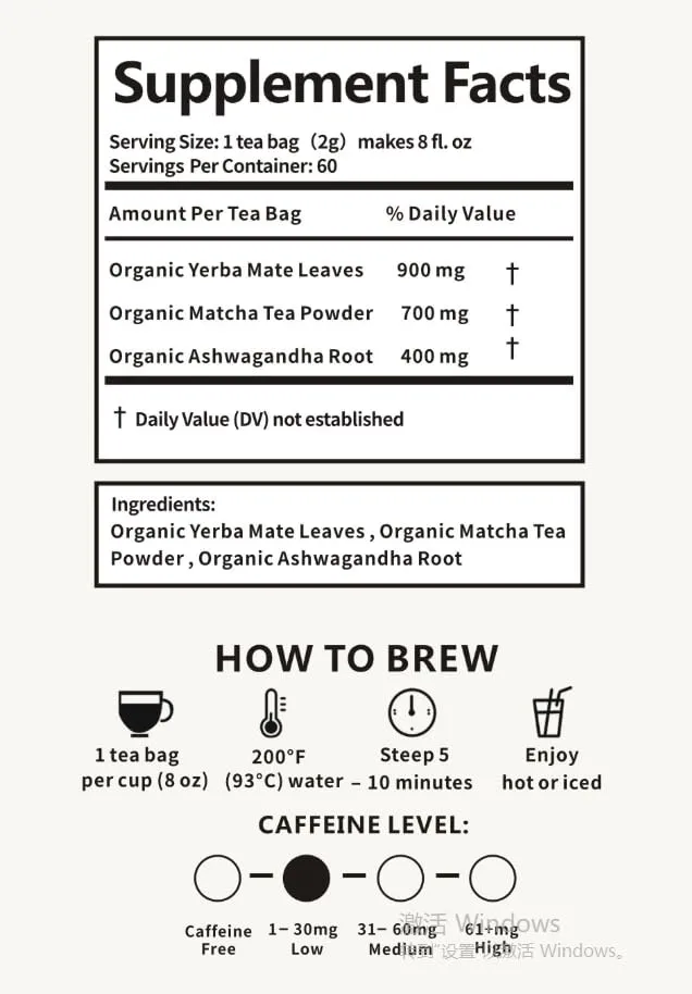 Organic EnergyFocus Tea Bags with Yerba Mate, Matcha Powder, Ashwagandha Root, 60 Servings Plant-Based Tea Bags with individule wrap