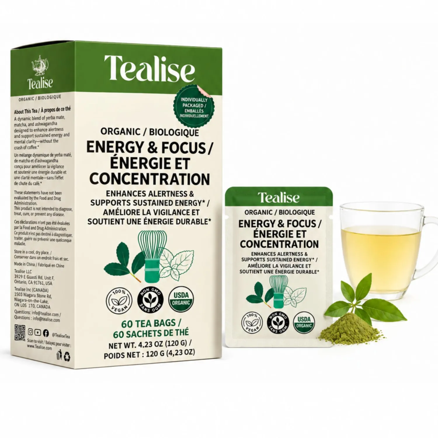 Organic EnergyFocus Tea Bags with Yerba Mate, Matcha Powder, Ashwagandha Root, 60 Servings Plant-Based Tea Bags with individule wrap