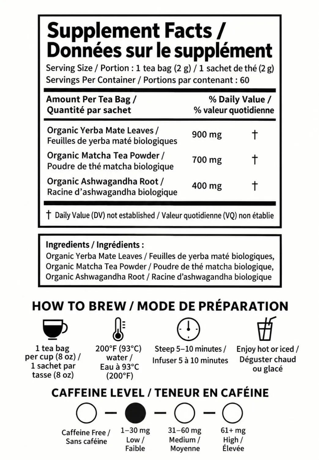 Organic EnergyFocus Tea Bags with Yerba Mate, Matcha Powder, Ashwagandha Root, 60 Servings Plant-Based Tea Bags with individule wrap