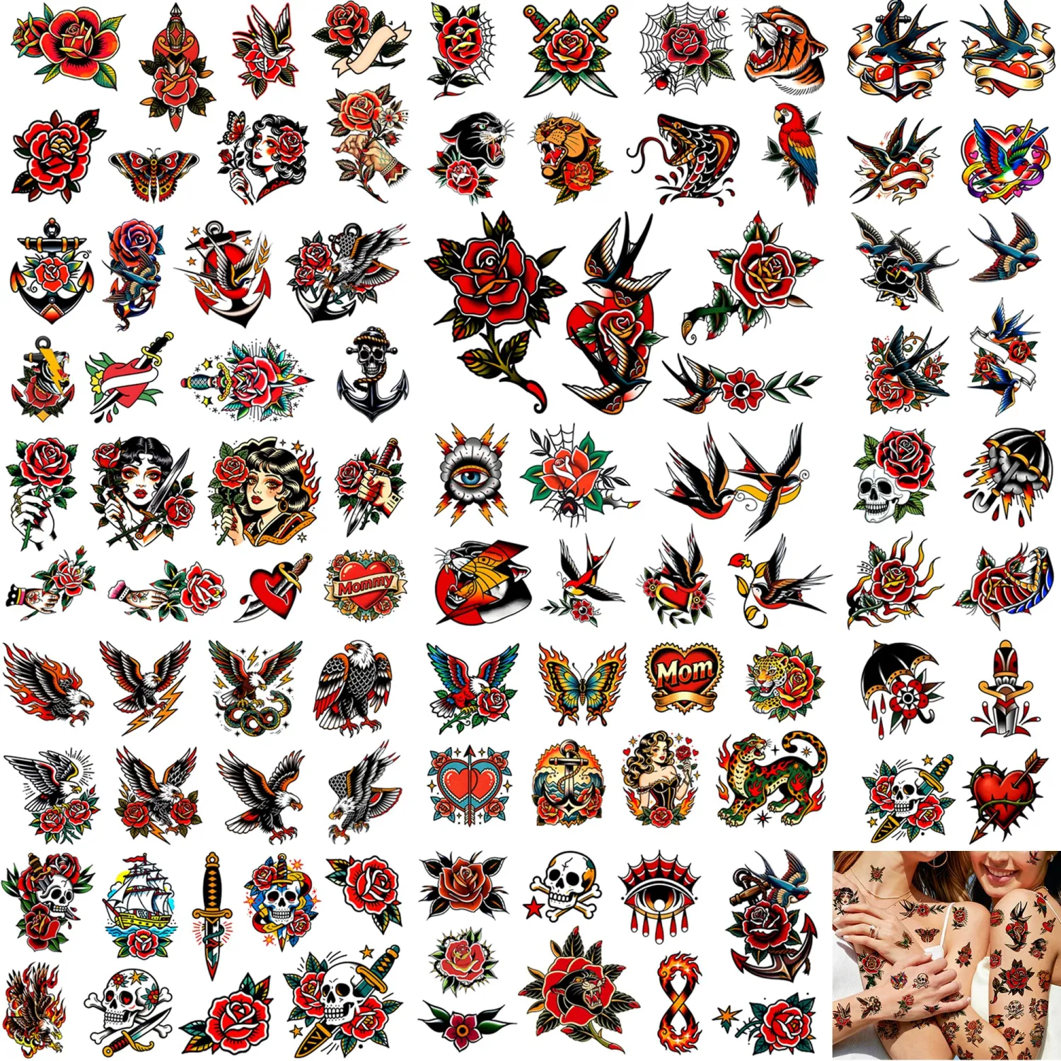 Old School Temporary Tattoos for Women Men& Adult