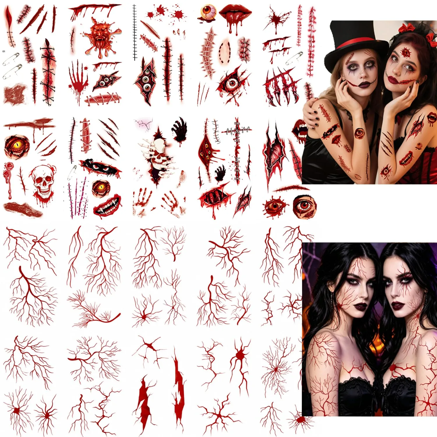 Halloween Temporary Tattoos 20 Sheets, Fake Wound Scar & Vein SFX Tattoos